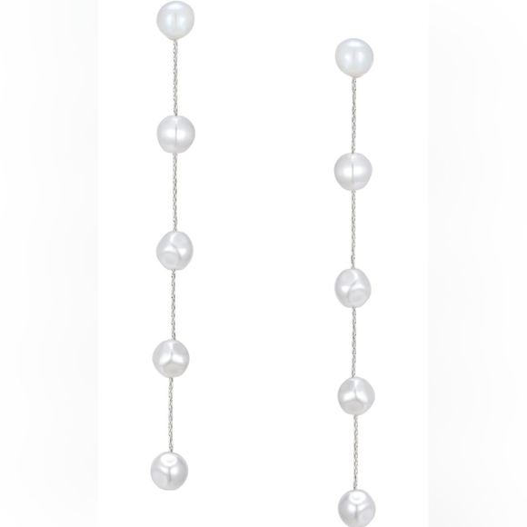 4" Long Baroque Pearl Silver Chain Earrings Bridal Bride Chains Faux Pearls New - Picture 2 of 7